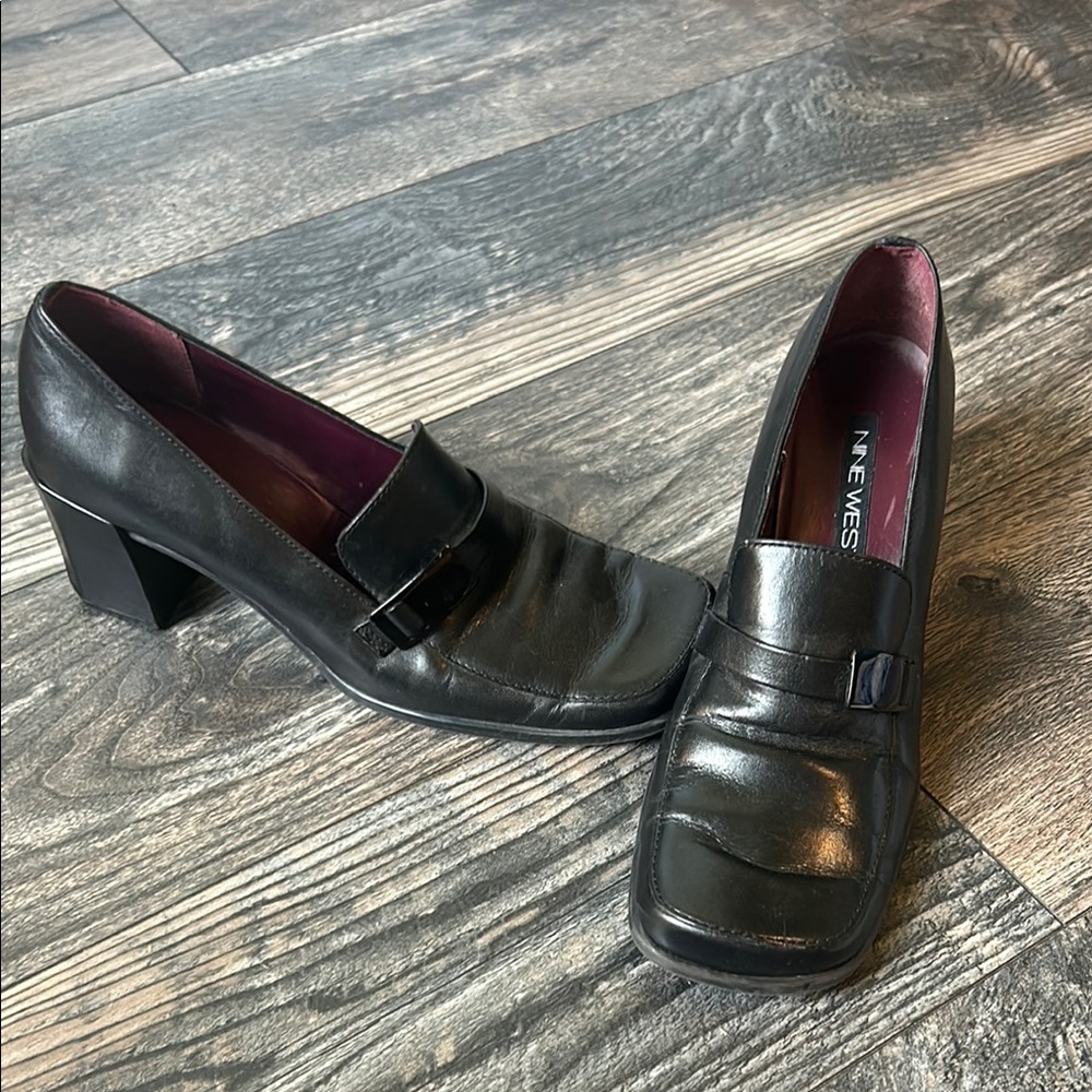 Y2K Nine West Vintage Black Leather Chunky Heels Buckle Across Sz 6.5 - Picture 2 of 6